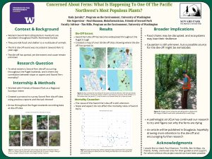 A scientific poster examining the extent of sword fern die-off in the Puget lowlands, and if there is a correlation between slop or aspect and sword fern mortality. The study found that die-off has become widespread throughout the Puget trough, but cause is still unknown -- slope and aspect do not have an effect. 
