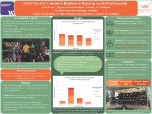 A scientific poster examining the barriers faced by Seattle neighborhoods with food access and education on food justice? The study found that transportation, education, and other responsibilities are the largest barriers. Customers want to see resources like farmer's markets, community gardens, and food banks, as well as language support and translators and recipes for market produce. 