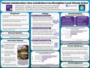A scientific poster examining barriers that prevent local jurisdictions from engaging in more effective collaborative climate action, and how these barriers can be overcome. The study found that limited staff capacity, financial constraints, and weak policy language were the main barriers. Utilizing concrete actionable language for policies and ensuring central leadership with regular information sharing can help address these barriers.  
