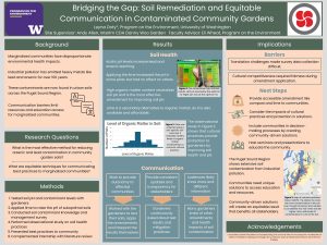 A scientific poster examining the most effective method for reducing arsenic and lead contamination in community garden soils. The study found that acidic pH levels increase lead and arsenic leaching, and applying high organic matter content is the most effective amendment for improving soil pH.