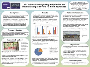 A scientific poster examining effectiveness of targeted, active educational interventions in reducing high-level recycling contamination rates across different operations zones of a major healthcare facility. The study found that hands-on training is effective in simpler clinic environments, but knowledge gains amongst staff are neutralized in higher chaos hospital settings.