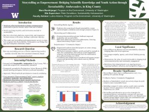 A scientific poster examining how storytelling can serve as a tool for empowering youth to translate scientific data into sustained community-based environmental action. The study found that storytelling builds agency, and empowerment leads to community impact. Structured mentorship and collaboration improve leadership and accountability.