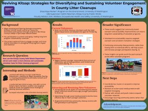 A scientific poster examining how the Kitsap County Solid Waste Department can attract and retain a more diverse and sustainable volunteer base for litter cleanup programs. The study found that most litter cleanup volunteers are between 50-70 years old. Younger volunteers face barriers like lack of awareness & transportation. New volunteers can be attracted and retained by increasing the social aspect of volunteering and creating reward-based incentives, as well as advertising through social media. 