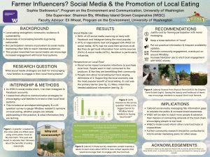 A scientific poster examining what social media strategies are best for encouraging rural families to engage in their local food systems. The study found that social media messaging should justify food costs by framing participation with moral messaging, keep a loose definition of "local", increase Nextdoor use, and put out practical information with frequent availability updates. 