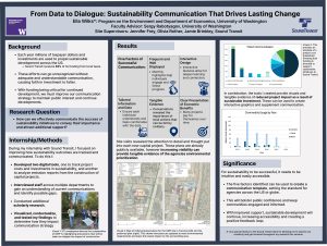 A scientific poster examining how we can effectively communicate the success of sustainability initiatives to convey their importance and attract additional support. The study found that successful communication was frequent and well-displayed, interactive, had tailored information and tangible evidence, and clearly presented economic benefits.