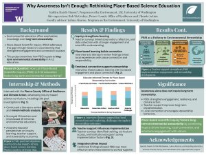 Gray-green poster examining how place-based scientific inquiry supports long-term environmental stewardship. Background contrasts awareness with inquiry-based learning. Results combine educator interviews, surveys, and a stacked bar chart highlighting observation, place connection, and hands-on work. A conceptual framework links teacher support, inquiry, engagement, and stewardship, concluding that inquiry-driven learning strengthens lasting environmental responsibility.