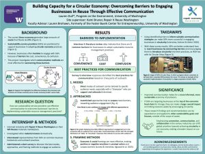 Light blue poster exploring how sustainability service providers can better engage businesses in reuse. Background introduces the circular economy. Results identify three primary barriers—convenience, cost, and confusion—and summarize preferred outreach modes, incentive-based approaches, and framing strategies. Takeaways discuss practical communication recommendations and broader significance for resource conservation.