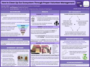 Purple poster describing improvements to volunteer management at Seattle ReCreative. Background explains the role of volunteers in reuse organizations. Results combine observations and interview quotations identifying documentation and communication challenges. The poster presents a new volunteer documentation system using binders and online spreadsheets to improve efficiency and reuse outcomes.