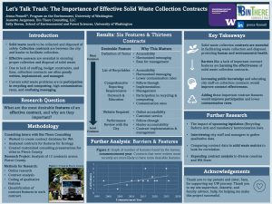 Blue poster analyzing features of municipal solid waste collection contracts. Sections introduce the importance of contracts, summarize analysis of thirteen contracts, rank desirable contract features in a large table, and present a scatter plot relating contract age to feature counts. Recommendations emphasize clearer terminology, education, reporting, and future comparative research.