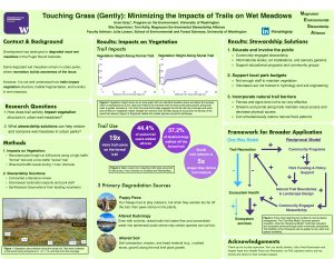Light green poster evaluating how recreational trails affect urban wet meadows. Left column outlines research questions and vegetation sampling methods. Center column presents vegetation profiles, trail-use statistics, and major degradation sources including off-trail use, altered hydrology, and soil disturbance. Right column recommends education, park investment, natural barriers, and a reciprocal stewardship framework.
