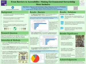 Green poster investigating barriers to participation in environmental volunteering. Background introduces structural and social barriers. Results include thematic analysis, bar charts, and a pie chart identifying scheduling conflicts, limited awareness, transportation, and resource access as major obstacles. Recommendations focus on flexible scheduling, improved outreach, and inclusive organizational practices.