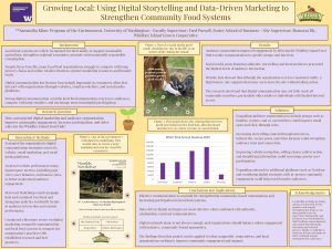 Tan and lavender poster evaluating digital communication for a community food cooperative. Background discusses local food systems and marketing. Methods analyze websites, email campaigns, and social media. Results include examples of newsletters, storytelling content, and a revenue bar chart. Conclusions recommend audience segmentation, authentic storytelling, improved website navigation, and combining digital outreach with in-person engagement.