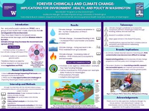 Turquoise poster examining interactions between climate change and PFAS contamination. Background introduces PFAS and climate risks. Results use illustrated icons and a watershed diagram to explain flooding, wildfire, sea-level rise, and precipitation pathways that increase contaminant movement. Policy recommendations encourage cross-agency collaboration, adaptive management, and stronger regulation.