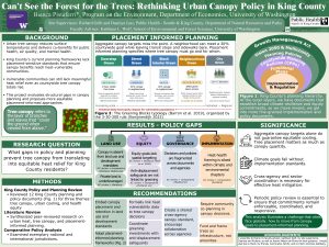 Green poster evaluating urban tree canopy policy through an equity lens. Background explains canopy benefits and planning limitations. Results include planning diagrams, policy gap summaries, and recommendations connecting land use, governance, equity, and implementation. The poster argues that placement-informed planning is essential for equitable heat mitigation.