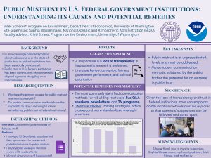 Purple poster examining causes of declining public trust in federal scientific institutions. Background discusses political polarization and transparency. Results summarize survey findings and literature on mistrust, highlighting communication strategies such as live question-and-answer sessions, newsletters, and television programming. The poster concludes that modern, transparent communication can strengthen public confidence.