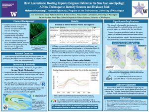 Blue poster describing the use of AIS vessel-tracking data to evaluate recreational boating impacts on eelgrass habitat. Background explains eelgrass decline and boating disturbance. Results include a boating stress metric table, maps of anchoring and mooring activity, and a time-series graph. The poster concludes that AIS-derived metrics can support management of eelgrass habitats.