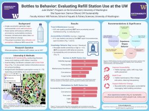 Light blue poster evaluating perceptions of water bottle refill stations on the University of Washington campus. Results combine survey findings, campus maps, bar charts of barriers and motivations, and a conceptual diagram linking trust, visibility, convenience, and maintenance. Recommendations focus on improving accessibility, maintenance transparency, and behavior change messaging.