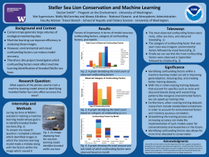 Blue poster examining how image characteristics affect machine-learning identification of branded Steller sea lions. Background introduces camera traps and image analysis. Results include bar charts summarizing confounding factors, environmental conditions, and seasonal patterns. Conclusions recommend standardized annotations and improved training datasets to increase model accuracy.