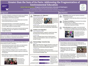 Purple poster exploring strategies for improving environmental education in elementary schools. Results synthesize classroom observations, literature, and surveys, emphasizing collaboration between teachers and environmental educators, integrated curricula, and community-based learning. The poster concludes that systemic, place-based approaches strengthen environmental literacy.