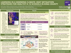 Green poster evaluating heat-mitigation strategies for K-12 schools. Results organize interventions by cost and implementation timeline, present classroom cooling diagrams, and discuss barriers including funding, staffing, and competing priorities. Recommendations emphasize layered strategies that combine immediate low-cost actions with long-term infrastructure investments.